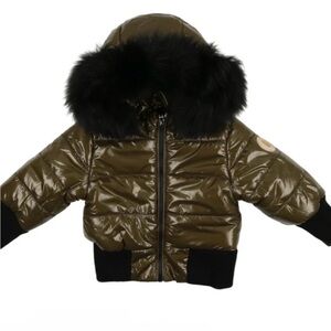Shiny baby Olive Puffer Jacket with Black Fur Trim